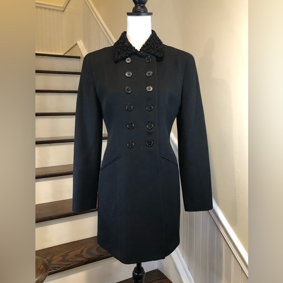 RALPH LAUREN Military Faux Fur Lapel Double Breasted Black Wool Riding Coat Sz 6 - Picture 1 of 14